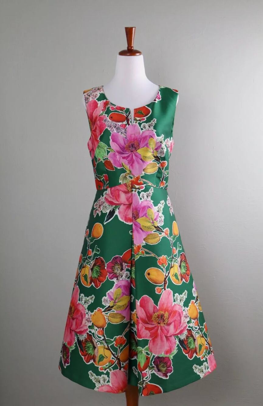 Talbots Vibrant Green Fruit Floral Print A Line Pleated Midi Dress 4 Petite